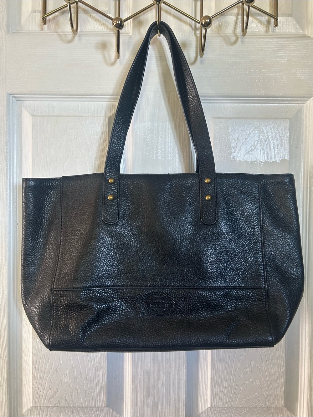 Fossil Black Pebbled Leather Shoulder Tote with Brass Accents